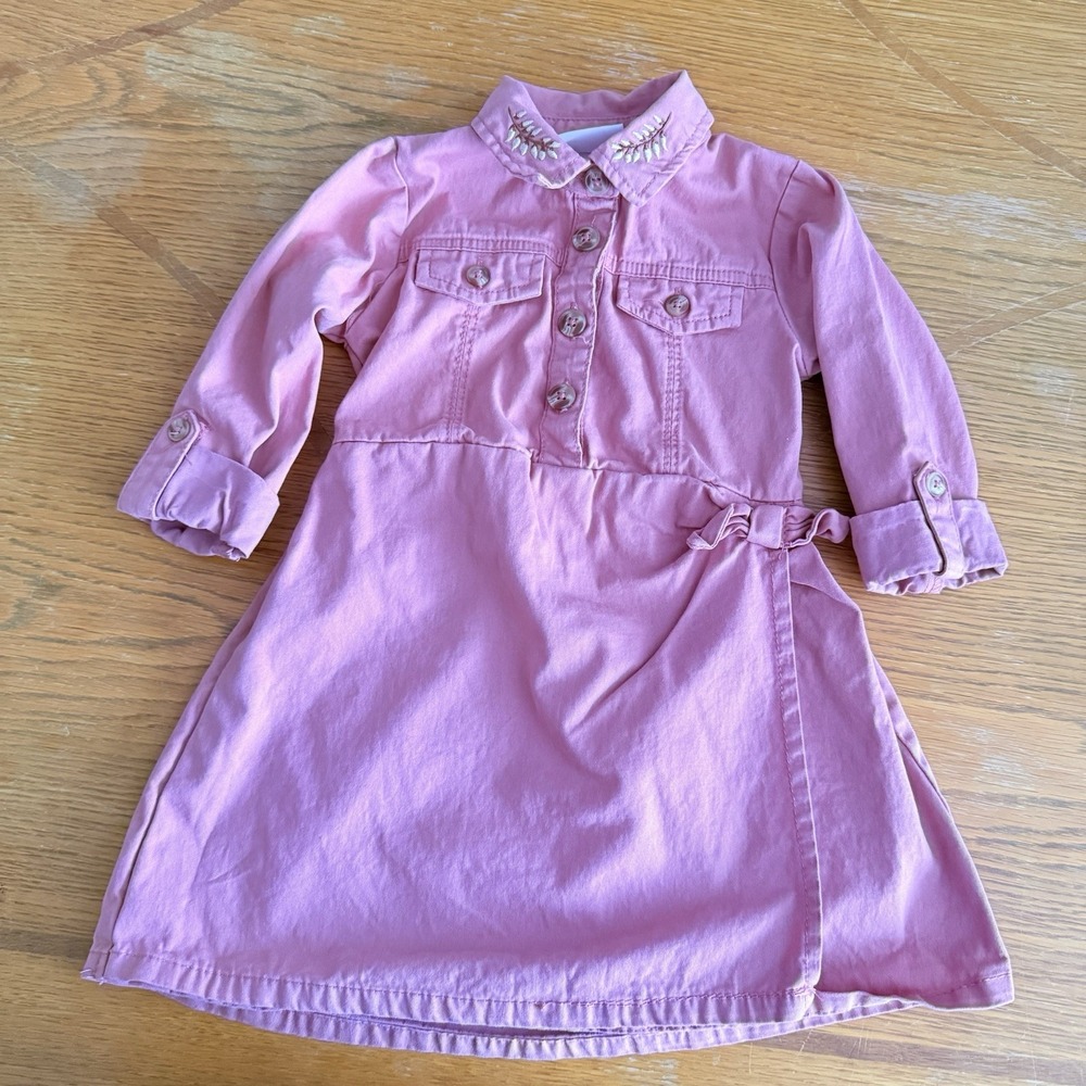 Little Lass‎ Pink Cotton Shirt Dress Embroidered Collar Long Sleeve 4T